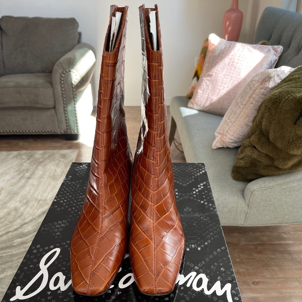 Sam Edelman Brown Croc-Embossed Leather Heeled Boots